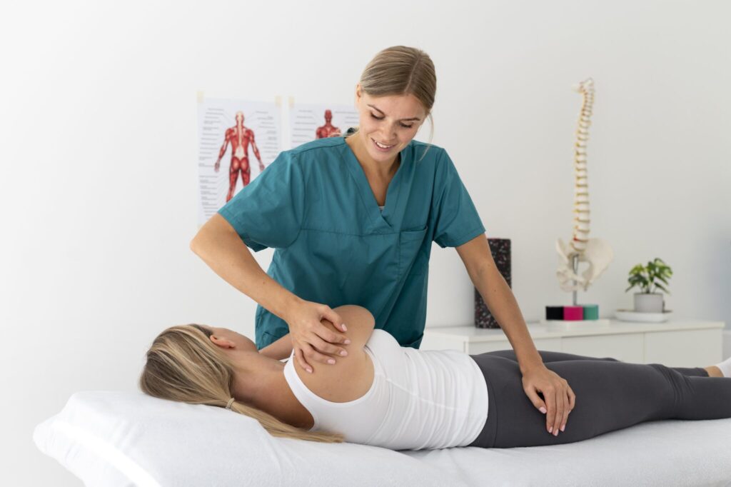 Woman Undergoing Guided Physiotherapy and Posture Rehabilitation Session